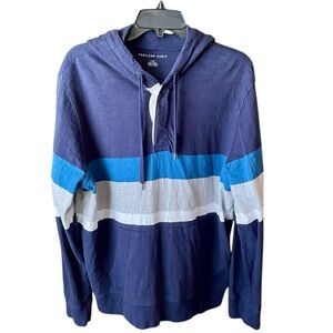 American Eagle men’s striped hooded pullover cotton shirt L blue gray white